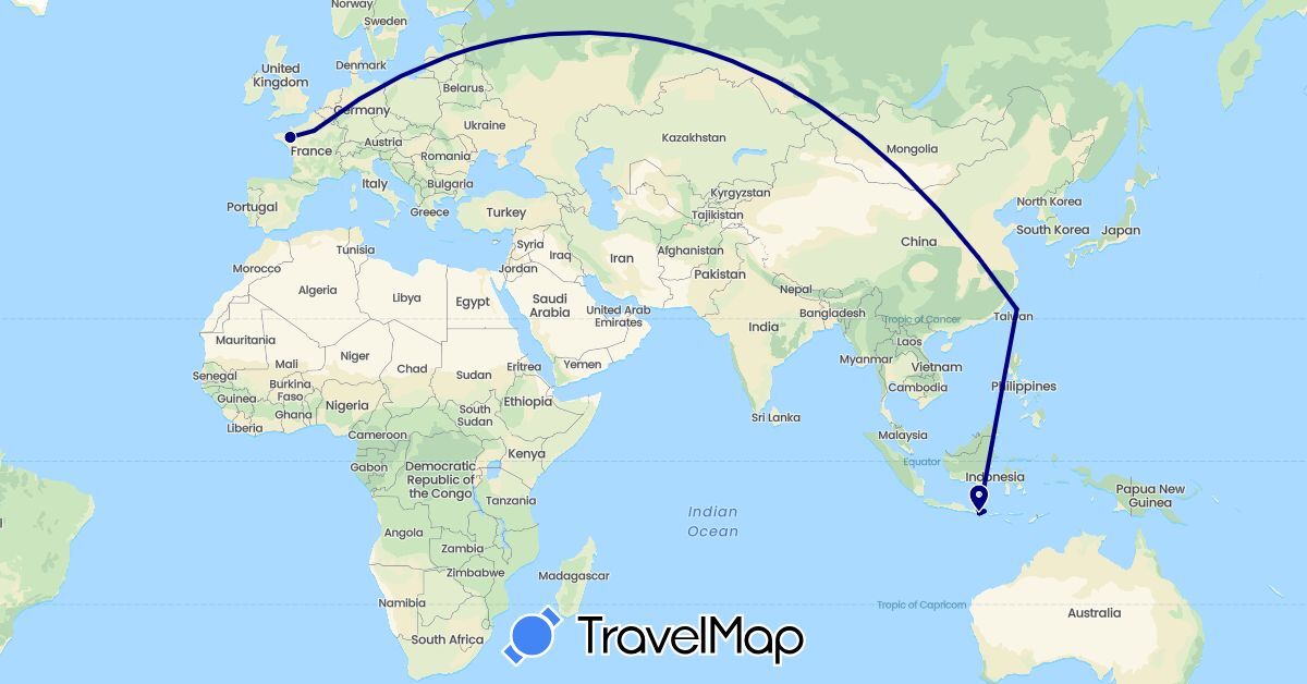 TravelMap itinerary: driving in France, Indonesia, Taiwan (Asia, Europe)